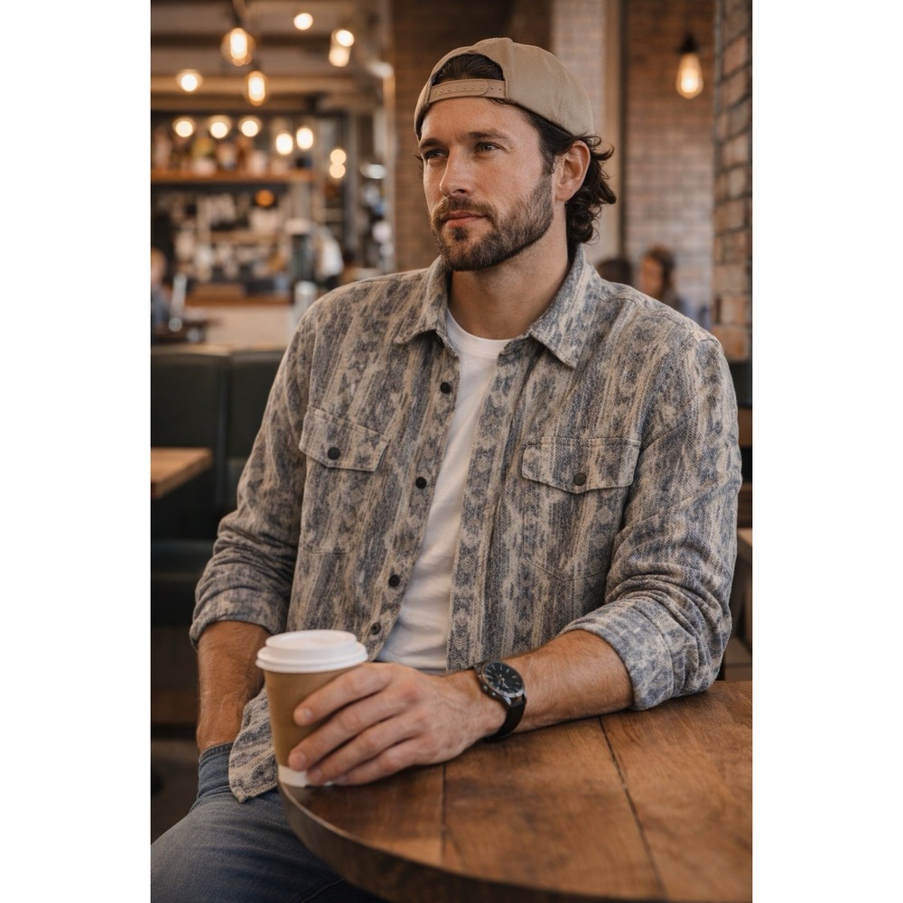 Sun + Stone Men Flannel Shirt L Aztec Southwest Tribal Gray Cotton Western Ranch - Picture 1 of 10